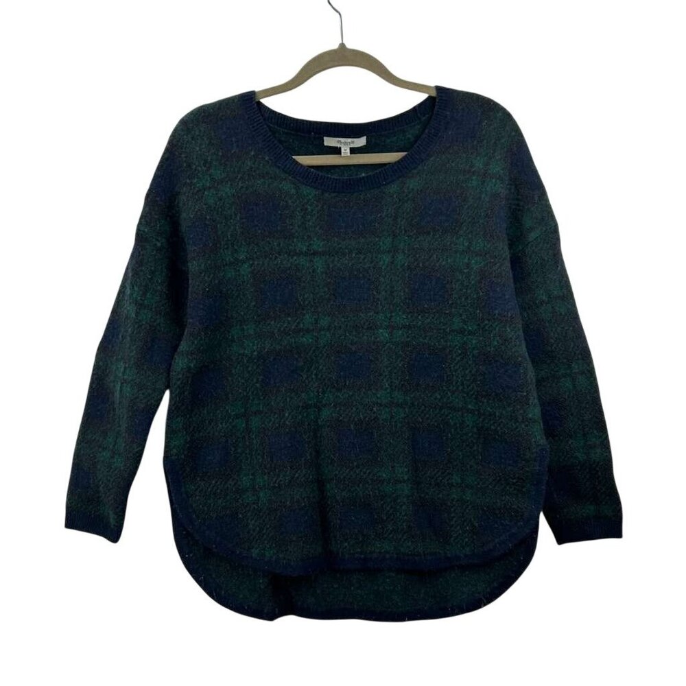 Madewell Women's Medium Wool Blend Crew Neck Plaid Sweater Navy Green